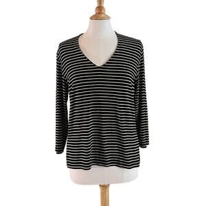 Chico's Travelers Black White Gold Stripe Long Sleeve V-Neck Shirt/Blouse, L